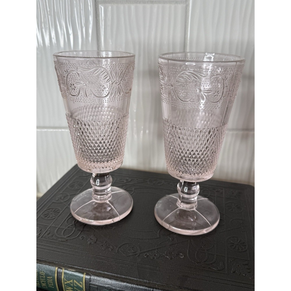 Lot 2 Vtg 6 3/4" Tiara Pink Glass Sandwich Iced Tea Goblets By Indiana Glass GUC - Picture 6 of 7
